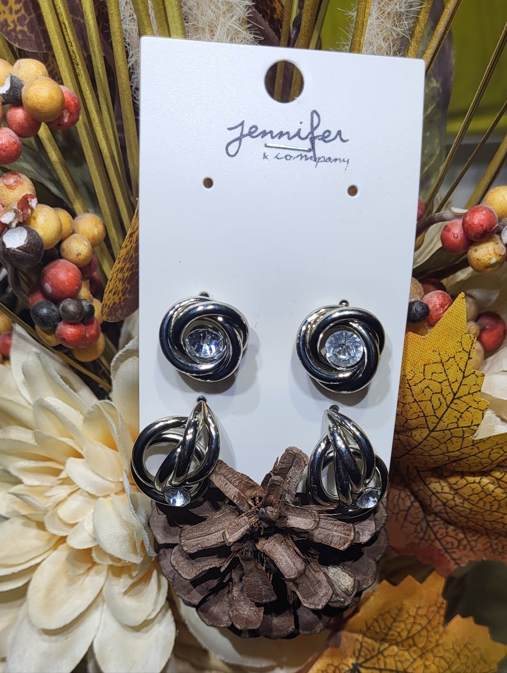 Jennifer K Company NWT Silver Tone Crystal Knot Earrings - Set of 2 Pairs 🐈